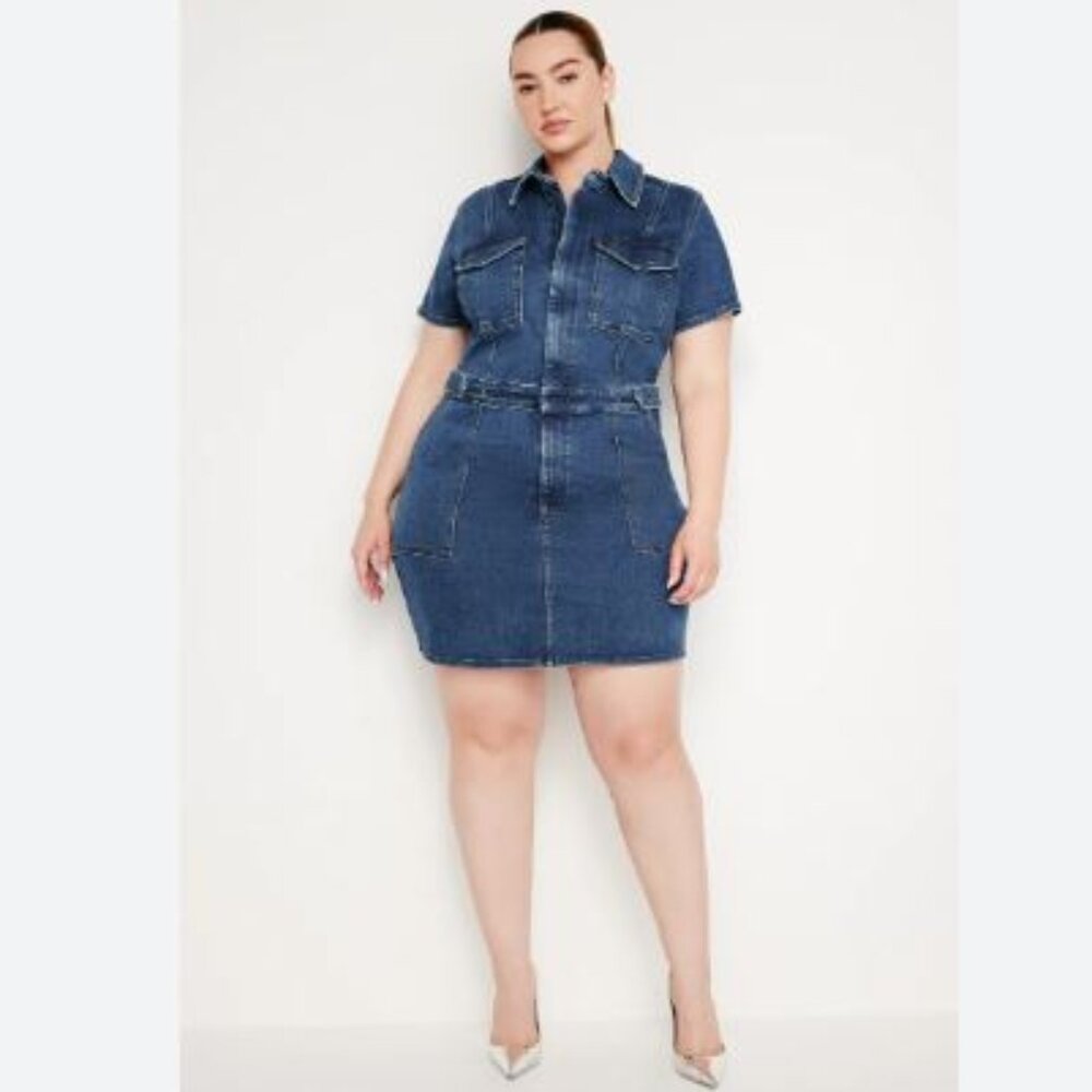 Good American Dark Blue Denim Midi Shirt Dress